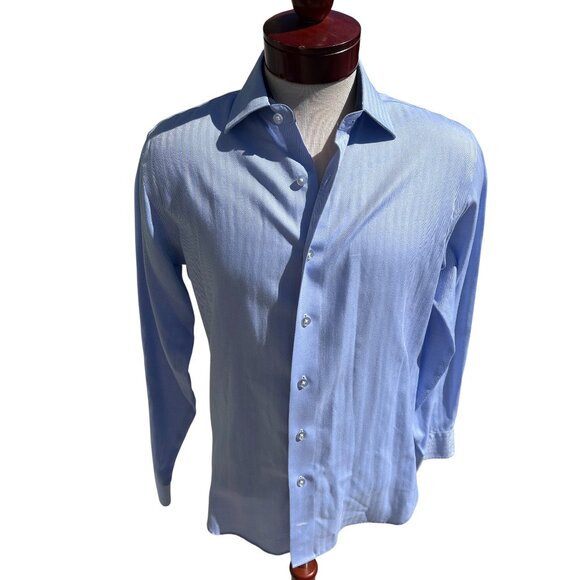 LORENZO UOMO Men's Blue Herringbone Shirt Trim Fit Button Up - 16 (34-35) - Picture 2 of 7